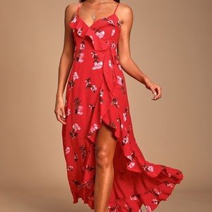 Lulus Red Roseanne Floral Print Wrap Maxi Dress